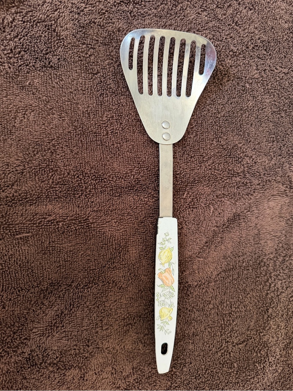 Vintage 1970s Slotted Spatula Turner Stainless Steel USA Floral Vegetable Handle